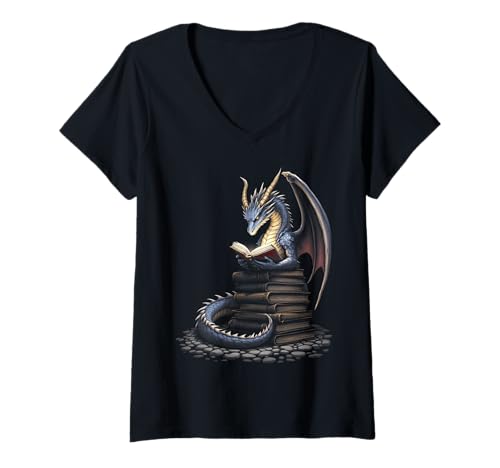 Damen Fantasy Dragon Reading Verzauberter Bücherwurm Halloween-Vibes T-Shirt mit V-Ausschnitt von Funny Spooky Enthusiast Halloween Party Costume