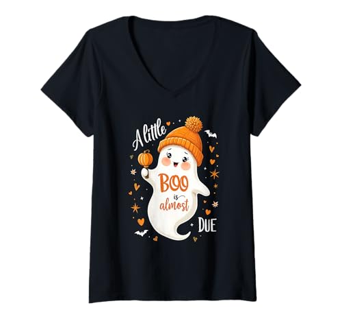 Damen Ghost Baby Reveal A Little Boo ist Fast fällig an Halloween T-Shirt mit V-Ausschnitt von Funny Spooky Enthusiast Halloween Party Costume
