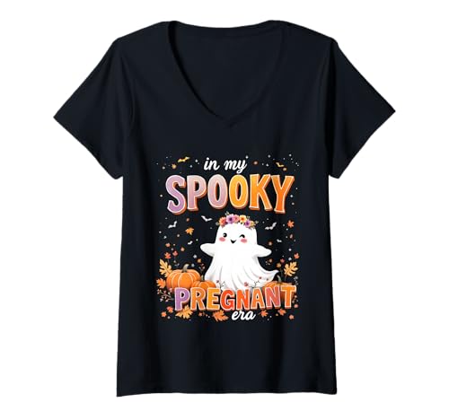 Damen Gruselige Schwangere Ära Festliche werdende Mutter Ankündigung Halloween T-Shirt mit V-Ausschnitt von Funny Spooky Enthusiast Halloween Party Costume