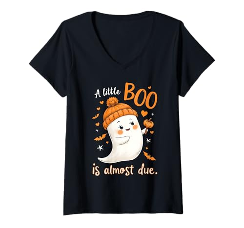 Damen Gruseliges Baby Halloween A Little Boo is Almost Due T-Shirt mit V-Ausschnitt von Funny Spooky Enthusiast Halloween Party Costume