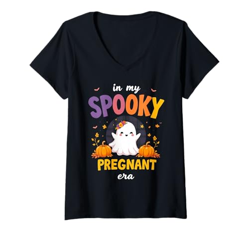 Damen Gruseliges Schwangere Ära erwartende Mutter süßes Halloween-Kostüm T-Shirt mit V-Ausschnitt von Funny Spooky Enthusiast Halloween Party Costume