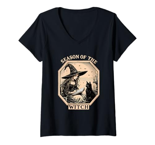 Damen Halloween Gothic Vintage Season of The Witch Party Kostüm T-Shirt mit V-Ausschnitt von Funny Spooky Enthusiast Halloween Party Costume