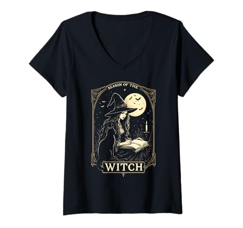 Damen Halloween Mystical Classic Season of The Witch Party Kostüm T-Shirt mit V-Ausschnitt von Funny Spooky Enthusiast Halloween Party Costume
