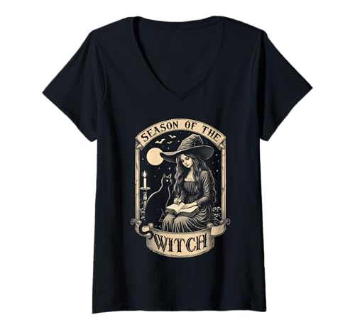 Damen Halloween Mystical Vintage Season of The Witch Party Kostüm T-Shirt mit V-Ausschnitt von Funny Spooky Enthusiast Halloween Party Costume
