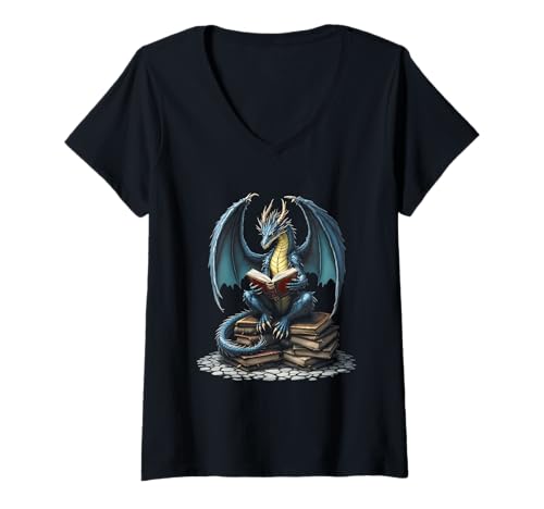Damen Halloween Vibes Fantasy Dragon Reading Magische Bibliothek T-Shirt mit V-Ausschnitt von Funny Spooky Enthusiast Halloween Party Costume