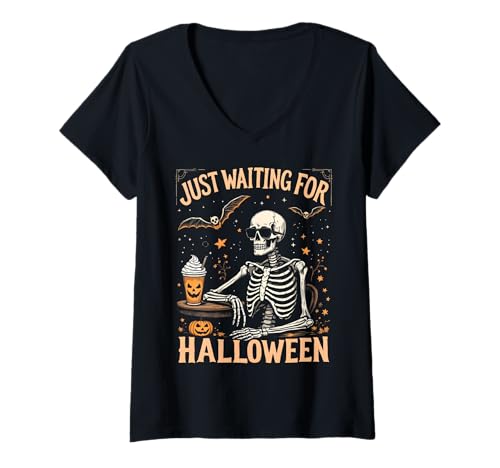 Damen Just Waiting for Halloween Funny Spooky Humor Skelett T-Shirt mit V-Ausschnitt von Funny Spooky Enthusiast Halloween Party Costume