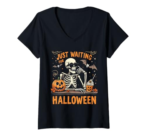 Damen Just Waiting for Halloween Lustiges Skelett-Party-Kostüm T-Shirt mit V-Ausschnitt von Funny Spooky Enthusiast Halloween Party Costume