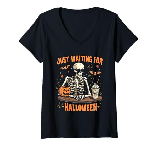 Damen Just Waiting for Halloween Lustiges gruseliges Skelett-Kostüm T-Shirt mit V-Ausschnitt von Funny Spooky Enthusiast Halloween Party Costume