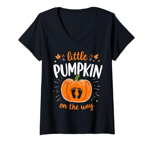 Damen Little Pumpkin on The Way Schwangerschaftsankündigung Halloween T-Shirt mit V-Ausschnitt von Funny Spooky Enthusiast Halloween Party Costume