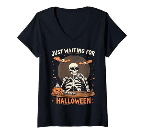 Damen Lustiges Skelett-Party-Kostüm Just Waiting for Halloween T-Shirt mit V-Ausschnitt von Funny Spooky Enthusiast Halloween Party Costume