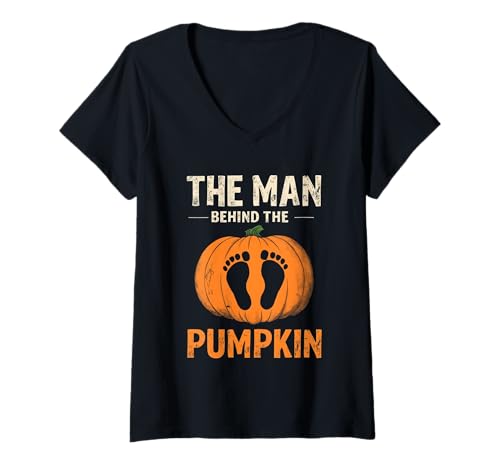 Damen Man Behind The Pumpkin Father to Be Halloween Party Kostüm T-Shirt mit V-Ausschnitt von Funny Spooky Enthusiast Halloween Party Costume