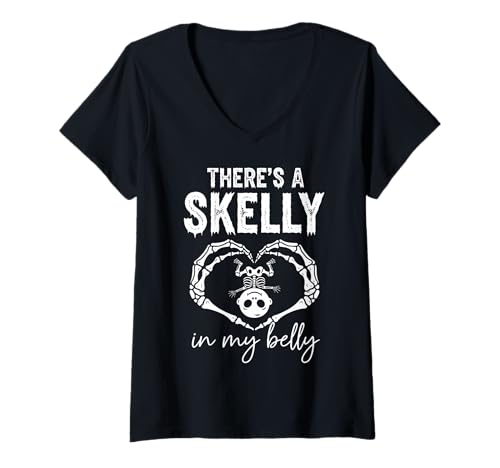 Damen There's a Skelly in My Belly Expecting Mom Halloween Party T-Shirt mit V-Ausschnitt von Funny Spooky Enthusiast Halloween Party Costume