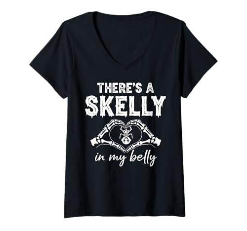 Damen There's a Skelly in My Belly Lustiges gruseliges Schwangerschaftskostüm T-Shirt mit V-Ausschnitt von Funny Spooky Enthusiast Halloween Party Costume