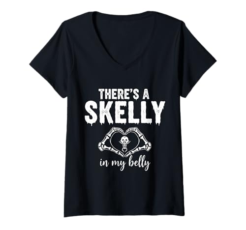 Damen There's a Skelly in My Belly Spooky Baby Ankündigung T-Shirt mit V-Ausschnitt von Funny Spooky Enthusiast Halloween Party Costume