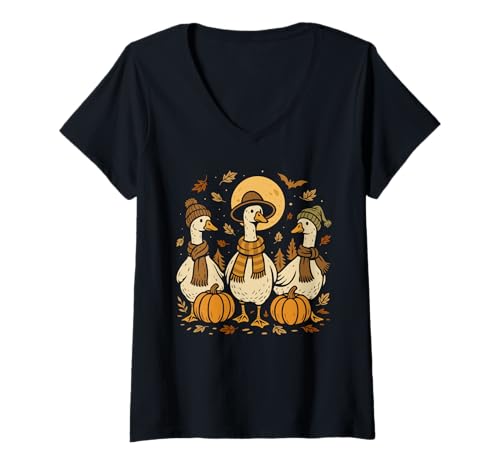 Damen Halloween Gänse Lustige Farmtiere Kürbis Herbst Szene T-Shirt mit V-Ausschnitt Damen Halloween Gänse Lustige Farmtiere Kürbis Herbst Szene T-Shirt mit V-Ausschnitt von Funny Spooky Farm by Christine-Krahl