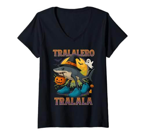 Damen Tralalero Tralala Italienischer Hirnrothai Halloween für Kinder T-Shirt mit V-Ausschnitt Damen Tralalero Tralala Italienischer Hirnrothai Halloween für Kinder T-Shirt mit V-Ausschnitt von Funny Spooky Ghost Witch Hat Costume October Boys