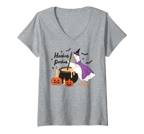 Damen Honkus Ponkus Gans Hexe Halloween Kessel Lustiger Kürbis T-Shirt mit V-Ausschnitt Damen Honkus Ponkus Gans Hexe Halloween Kessel Lustiger Kürbis T-Shirt mit V-Ausschnitt von Funny Spooky Goose Halloween Costume Party Shirts