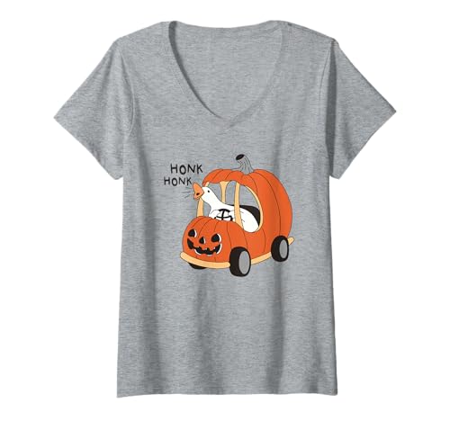 Damen Lustiger Gans Kürbis Auto Halloween Honk Honk Gruselsaison T-Shirt mit V-Ausschnitt Damen Lustiger Gans Kürbis Auto Halloween Honk Honk Gruselsaison T-Shirt mit V-Ausschnitt von Funny Spooky Goose Halloween Costume Party Shirts