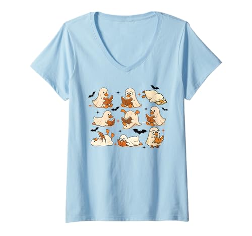 Damen Niedliches Enten-Geister-Lesebuch für Halloween, Kinder, Teenager, Erwachsene T-Shirt mit V-Ausschnitt Damen Niedliches Enten-Geister-Lesebuch für Halloween, Kinder, Teenager, Erwachsene T-Shirt mit V-Ausschnitt von Funny Spooky Goose Halloween Costume Party Shirts