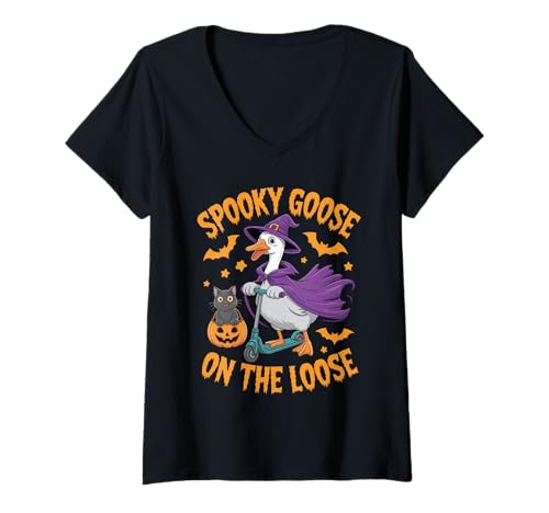Damen Gruselige Gans auf dem losen Halloween alberne Hexenkostüm Team T-Shirt mit V-Ausschnitt Damen Gruselige Gans auf dem losen Halloween alberne Hexenkostüm Team T-Shirt mit V-Ausschnitt von Funny Spooky Goose Halloween Costume Women Men Kid