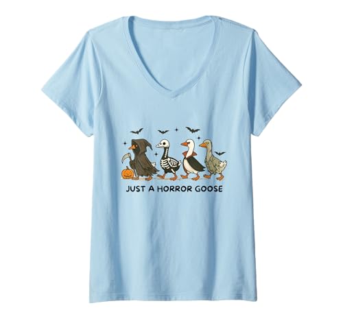 Damen Just A Horror Goose, lustige gruselige Halloween-Gans T-Shirt mit V-Ausschnitt Damen Just A Horror Goose, lustige gruselige Halloween-Gans T-Shirt mit V-Ausschnitt von Funny Spooky Goose Tee