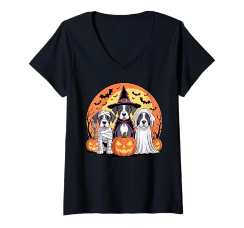 Damen Gruselige Dogge Hund Mama Hexe Geist Halloween Haustierbesitzer T-Shirt mit V-Ausschnitt Damen Gruselige Dogge Hund Mama Hexe Geist Halloween Haustierbesitzer T-Shirt mit V-Ausschnitt von Funny Spooky Great Dane Dog Halloween Costume