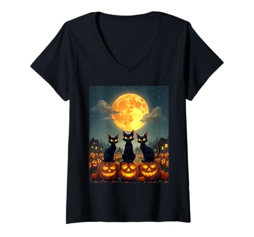 Damen Black Cats Halloween Haunted Pumpkin Patch Party Kostüm T-Shirt mit V-Ausschnitt Damen Black Cats Halloween Haunted Pumpkin Patch Party Kostüm T-Shirt mit V-Ausschnitt von Funny Spooky Halloween Black Cats Lover