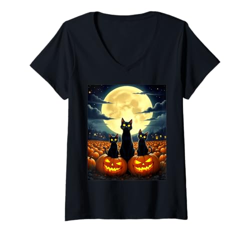 Damen Black Cats Halloween Mystical Cat Party Kostüm T-Shirt mit V-Ausschnitt von Funny Spooky Halloween Black Cats Lover