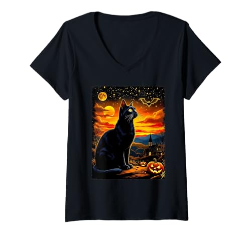 Damen Gruselige Schwarze Katze Halloween Kürbis Patch Party Kostüm T-Shirt mit V-Ausschnitt Damen Gruselige Schwarze Katze Halloween Kürbis Patch Party Kostüm T-Shirt mit V-Ausschnitt von Funny Spooky Halloween Black Cats Lover