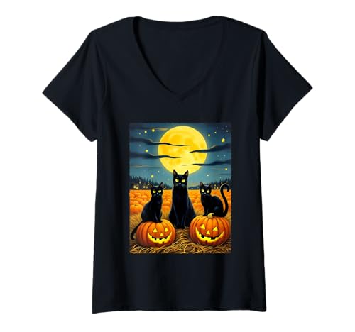 Damen Gruselige Schwarze Katzen Halloween Nacht Party Kostüm T-Shirt mit V-Ausschnitt von Funny Spooky Halloween Black Cats Lover