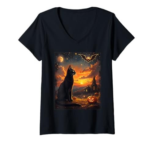 Damen Halloween-Kostüm, Schwarze Katze, Gothic-Mond-Szene, Party-Kostüm T-Shirt mit V-Ausschnitt Damen Halloween-Kostüm, Schwarze Katze, Gothic-Mond-Szene, Party-Kostüm T-Shirt mit V-Ausschnitt von Funny Spooky Halloween Black Cats Lover