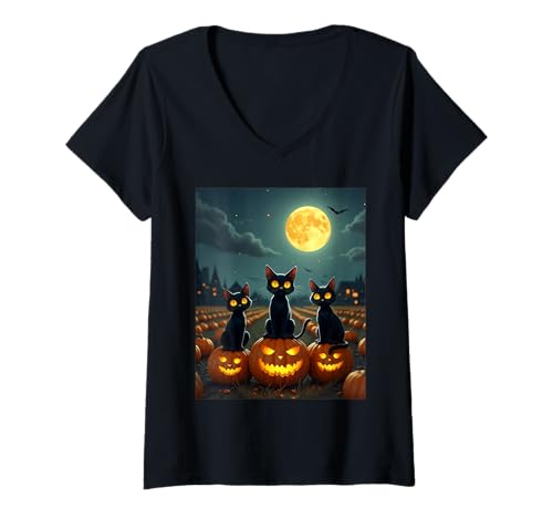 Damen Halloween-Kostüm mit schwarzen Katzen, verzaubertes Mondlicht T-Shirt mit V-Ausschnitt von Funny Spooky Halloween Black Cats Lover