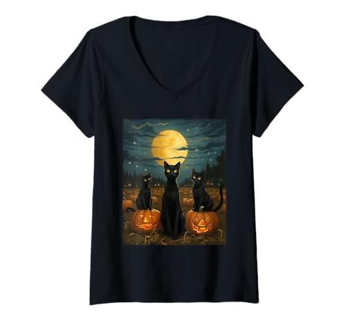 Damen Halloween-Kostüm mit schwarzen Katzen unter dem Vollmond T-Shirt mit V-Ausschnitt Damen Halloween-Kostüm mit schwarzen Katzen unter dem Vollmond T-Shirt mit V-Ausschnitt von Funny Spooky Halloween Black Cats Lover