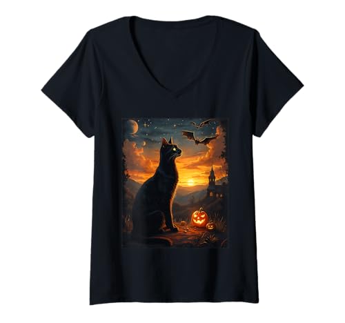 Damen Mystical Black Cat Halloween Moonlight Party Kostüm T-Shirt mit V-Ausschnitt Damen Mystical Black Cat Halloween Moonlight Party Kostüm T-Shirt mit V-Ausschnitt von Funny Spooky Halloween Black Cats Lover