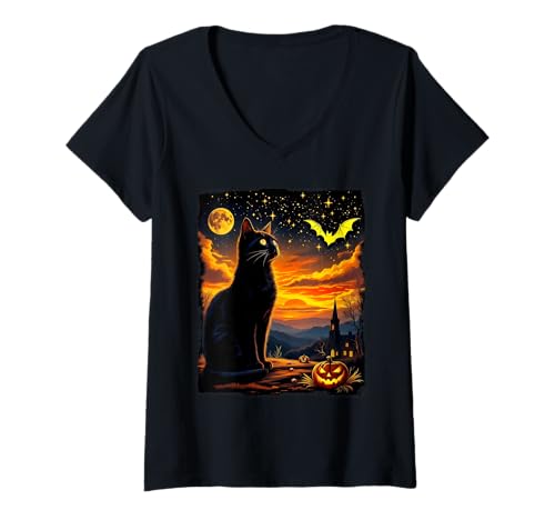 Damen Schwarze Katze Halloween Gruselige Nachtszene Party Kostüm T-Shirt mit V-Ausschnitt von Funny Spooky Halloween Black Cats Lover