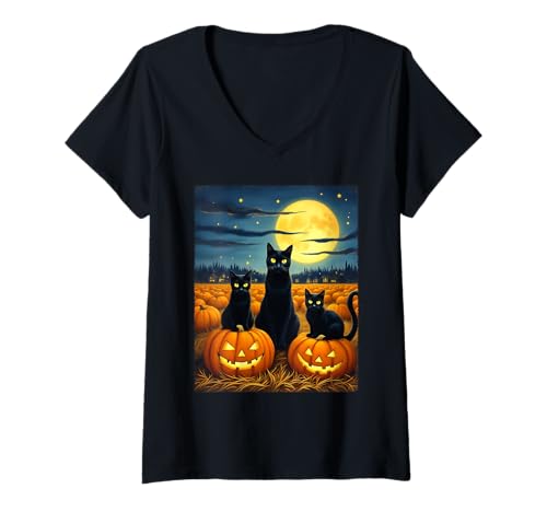 Damen Schwarze Katzen Halloween Gruseliger Kürbis Patch Party Kostüm T-Shirt mit V-Ausschnitt von Funny Spooky Halloween Black Cats Lover