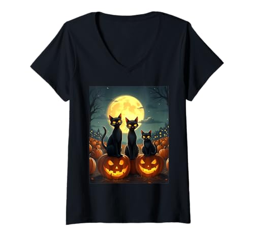 Damen Schwarze Katzen Halloween Spuknacht Party Kostüm T-Shirt mit V-Ausschnitt von Funny Spooky Halloween Black Cats Lover