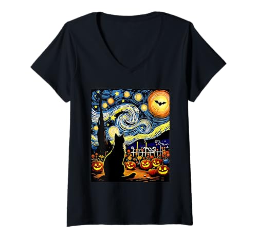 Damen Halloween-Party-Kostüm mit Van-Gogh-Motiv T-Shirt mit V-Ausschnitt von Funny Spooky Halloween Cat Lovers