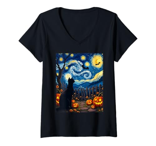 Damen Katze Halloween Van Gogh Magical Pumpkin Patch Party Kostüm T-Shirt mit V-Ausschnitt von Funny Spooky Halloween Cat Lovers