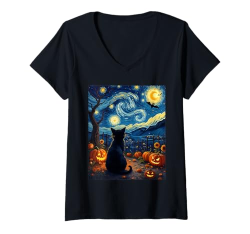 Damen Van Gogh Cat Halloween Gruseliger Kürbis Patch Party Kostüm T-Shirt mit V-Ausschnitt von Funny Spooky Halloween Cat Lovers