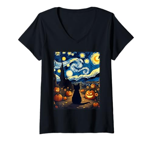 Damen Van Gogh Halloween-Kostüm Katze unter wirbelnden Sternen T-Shirt mit V-Ausschnitt von Funny Spooky Halloween Cat Lovers