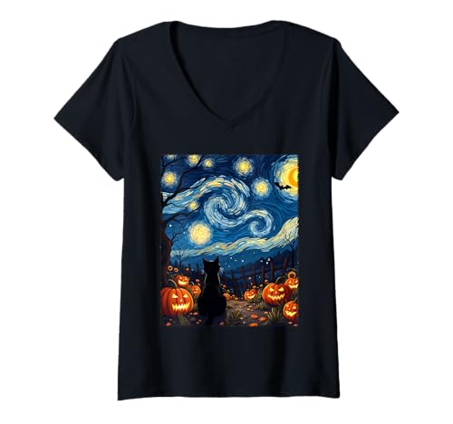 Damen Van Gogh Katze Halloween Mystical Night Party Kostüm T-Shirt mit V-Ausschnitt von Funny Spooky Halloween Cat Lovers