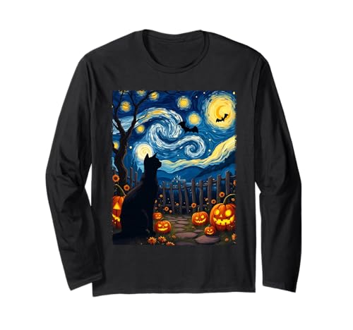 Katze Halloween Van Gogh Magical Pumpkin Patch Party Kostüm Langarmshirt von Funny Spooky Halloween Cat Lovers