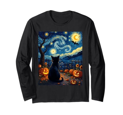 Van Gogh Cat Halloween Gruseliger Kürbis Patch Party Kostüm Langarmshirt von Funny Spooky Halloween Cat Lovers