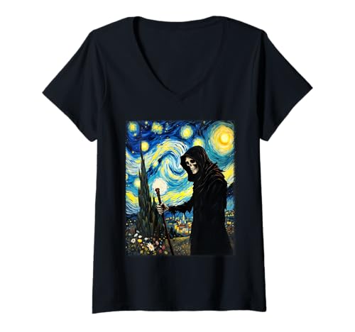 Damen Halloween-Kostüm für Halloween, Sensenmann Van Gogh Sternennacht T-Shirt mit V-Ausschnitt von Funny Spooky Halloween Grim Reaper