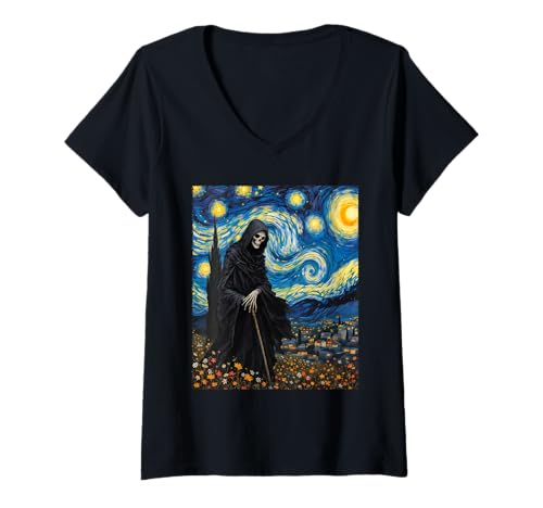 Damen Halloween Sensenmann Gothic Van Gogh Party Kostüm T-Shirt mit V-Ausschnitt von Funny Spooky Halloween Grim Reaper