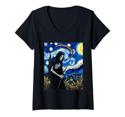 Damen Sensenmann Halloween Van Gogh Gruselparty Kostüm T-Shirt mit V-Ausschnitt von Funny Spooky Halloween Grim Reaper