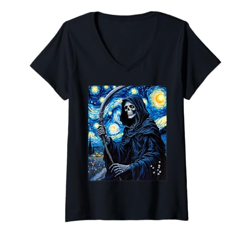 Damen Sensenmann Van Gogh Halloween Sternennacht Party Kostüm T-Shirt mit V-Ausschnitt von Funny Spooky Halloween Grim Reaper