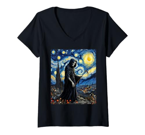 Damen Van Gogh Sensenmann Halloween Gothic Party Kostüm T-Shirt mit V-Ausschnitt von Funny Spooky Halloween Grim Reaper