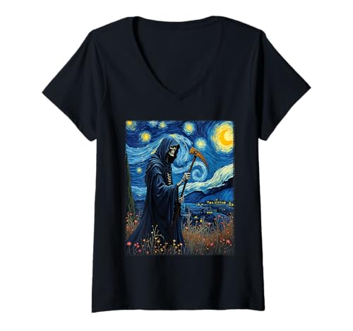 Damen Van Gogh Sensenmann Halloween Gothic Skelett Party Kostüm T-Shirt mit V-Ausschnitt von Funny Spooky Halloween Grim Reaper